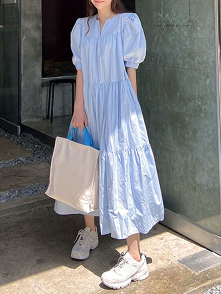 Geplooide Gelaagde V-hals Half Pofmouw Effen Kleur Casual Maxi Jurken Voor Dames