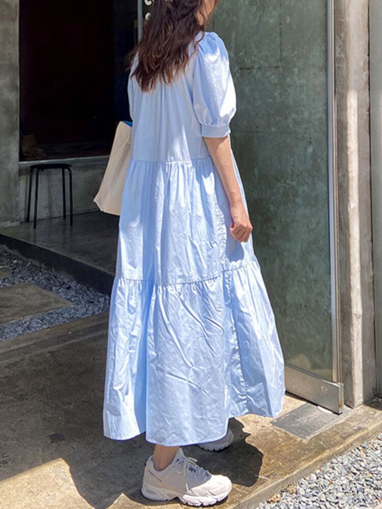 Geplooide Gelaagde V-hals Half Pofmouw Effen Kleur Casual Maxi Jurken Voor Dames