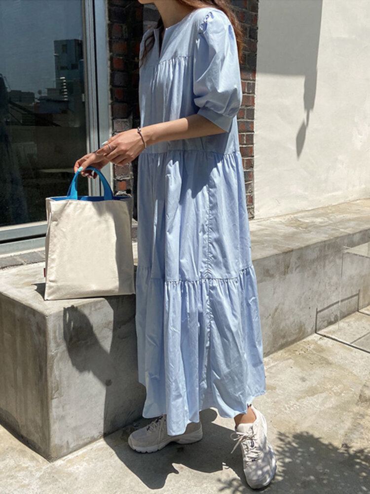 Geplooide Gelaagde V-hals Half Pofmouw Effen Kleur Casual Maxi Jurken Voor Dames