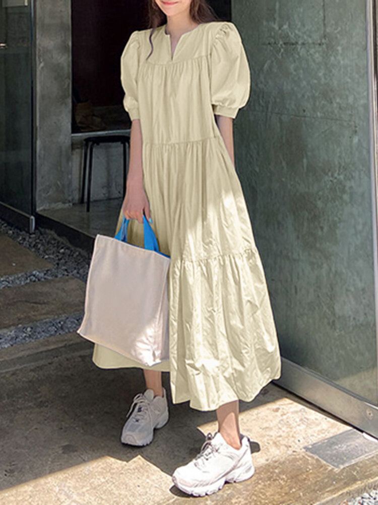 Geplooide Gelaagde V-hals Half Pofmouw Effen Kleur Casual Maxi Jurken Voor Dames