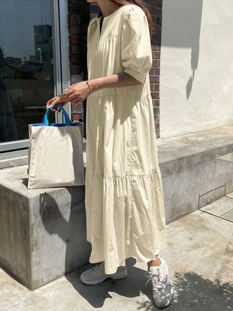 Geplooide Gelaagde V-hals Half Pofmouw Effen Kleur Casual Maxi Jurken Voor Dames