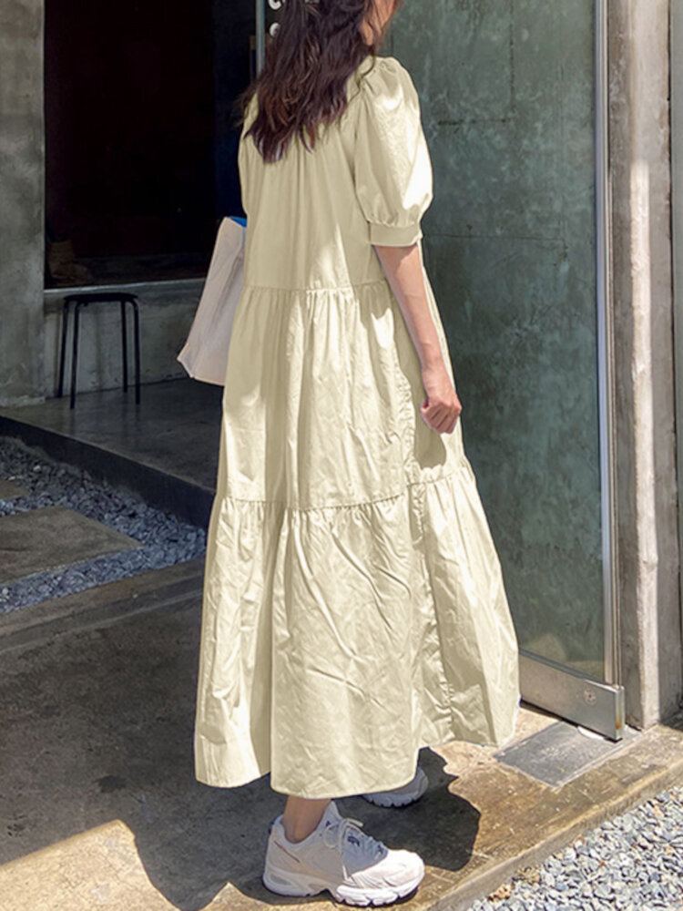 Geplooide Gelaagde V-hals Half Pofmouw Effen Kleur Casual Maxi Jurken Voor Dames