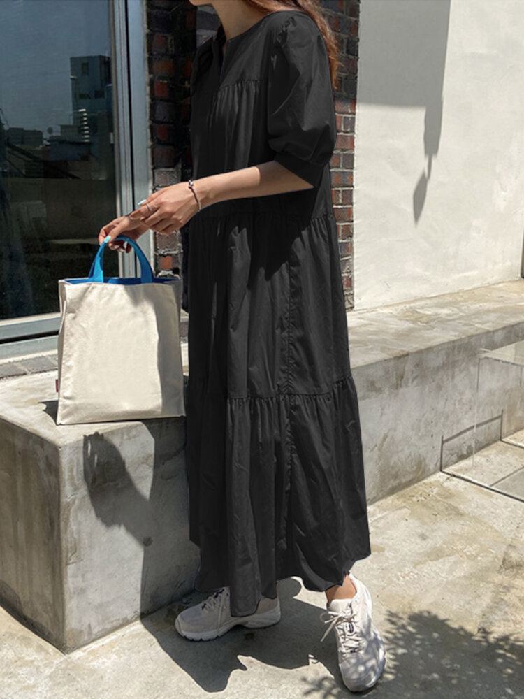 Geplooide Gelaagde V-hals Half Pofmouw Effen Kleur Casual Maxi Jurken Voor Dames