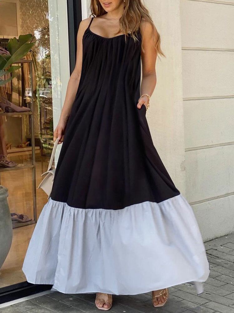 Gestreepte Patchwork Zak Verstelbare Band Backless Ruched Spaghetti Maxi Jurk