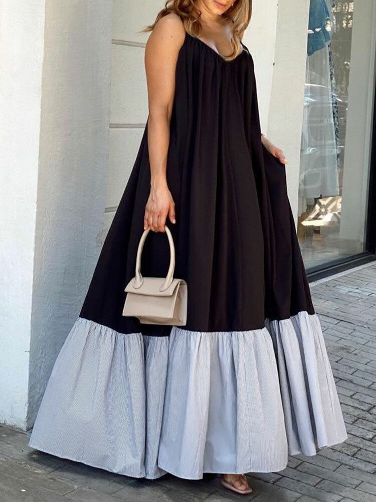 Gestreepte Patchwork Zak Verstelbare Band Backless Ruched Spaghetti Maxi Jurk
