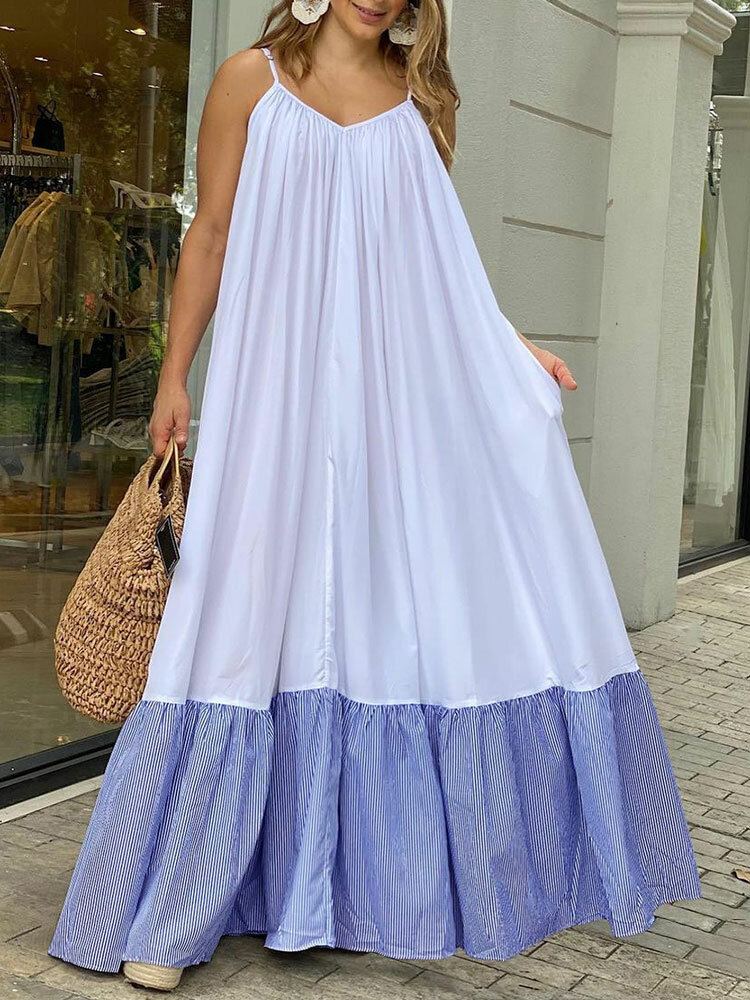 Gestreepte Patchwork Zak Verstelbare Band Backless Ruched Spaghetti Maxi Jurk
