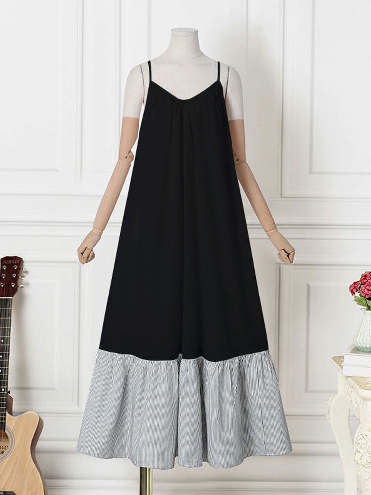 Gestreepte Patchwork Zak Verstelbare Band Backless Ruched Spaghetti Maxi Jurk