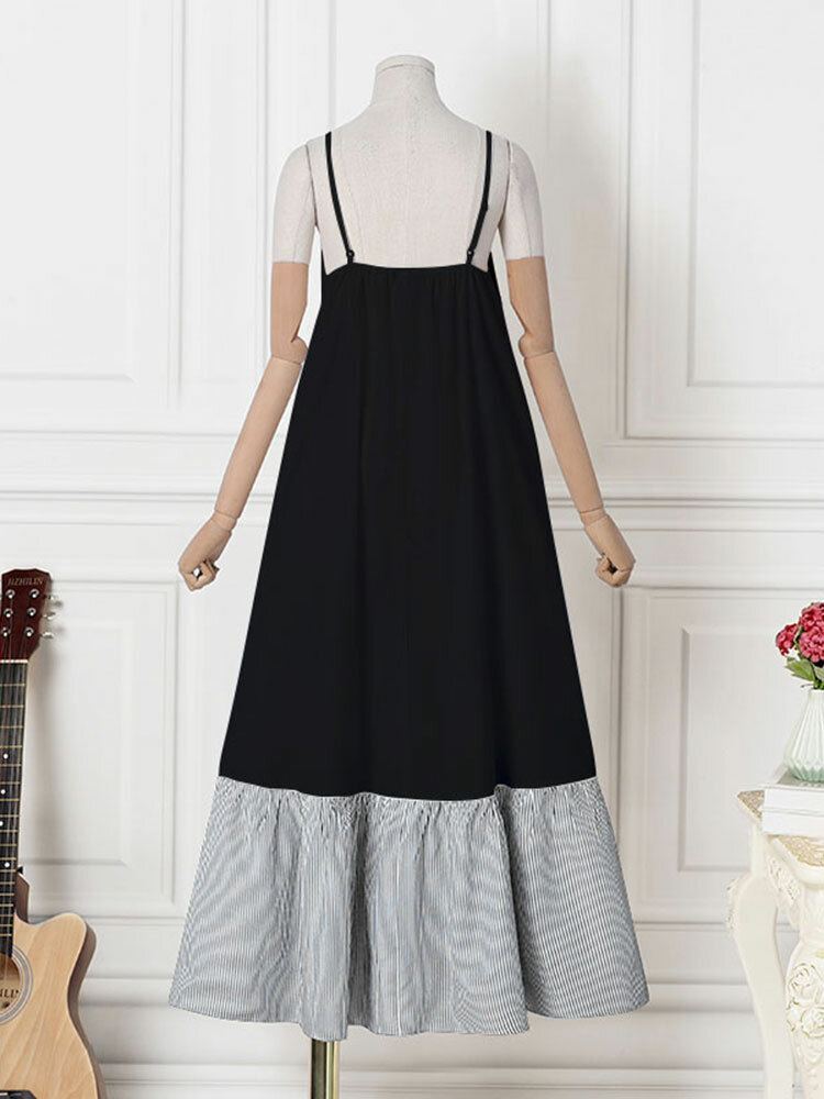 Gestreepte Patchwork Zak Verstelbare Band Backless Ruched Spaghetti Maxi Jurk