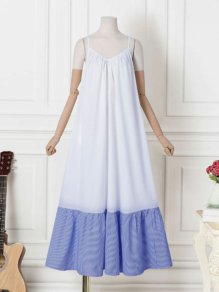 Gestreepte Patchwork Zak Verstelbare Band Backless Ruched Spaghetti Maxi Jurk