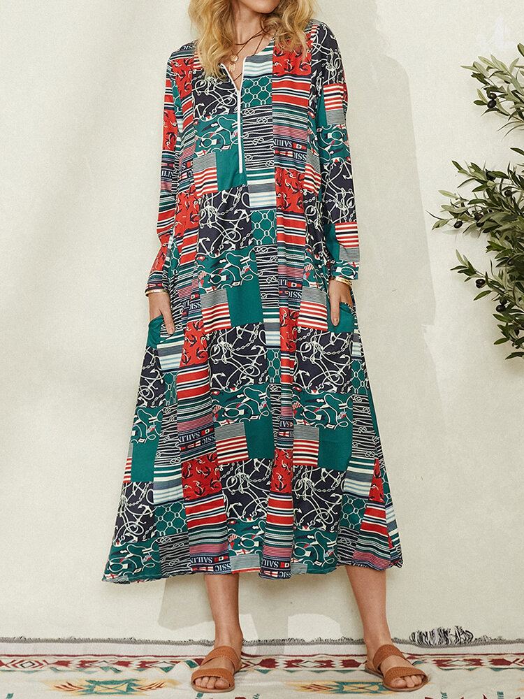 Vintage Maxi-jurk Met Kleurvlakken En Geometrische Print Zijzakken Aan De Zijkant