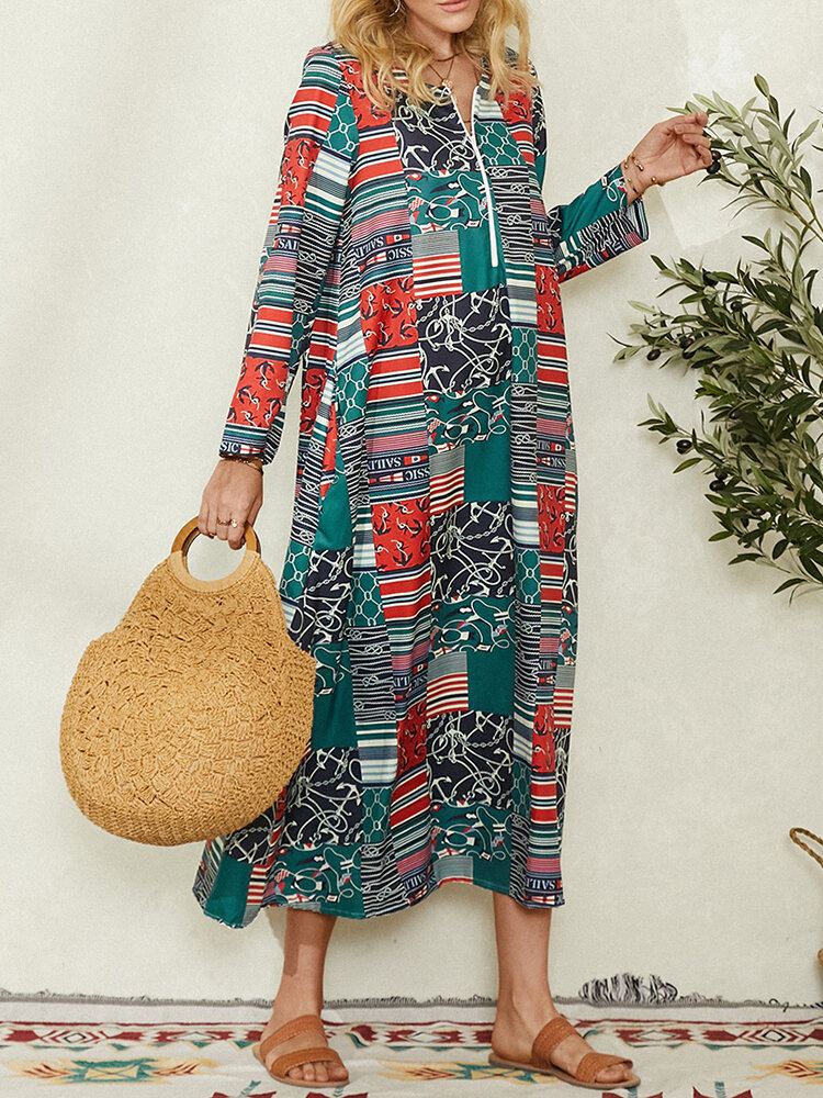 Vintage Maxi-jurk Met Kleurvlakken En Geometrische Print Zijzakken Aan De Zijkant