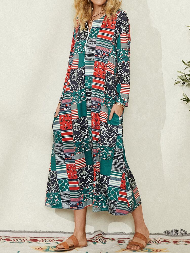 Vintage Maxi-jurk Met Kleurvlakken En Geometrische Print Zijzakken Aan De Zijkant