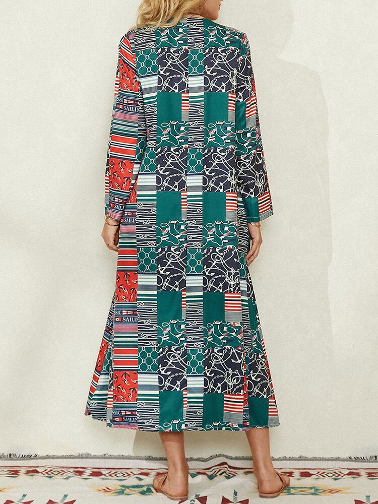 Vintage Maxi-jurk Met Kleurvlakken En Geometrische Print Zijzakken Aan De Zijkant