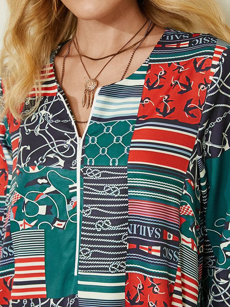Vintage Maxi-jurk Met Kleurvlakken En Geometrische Print Zijzakken Aan De Zijkant
