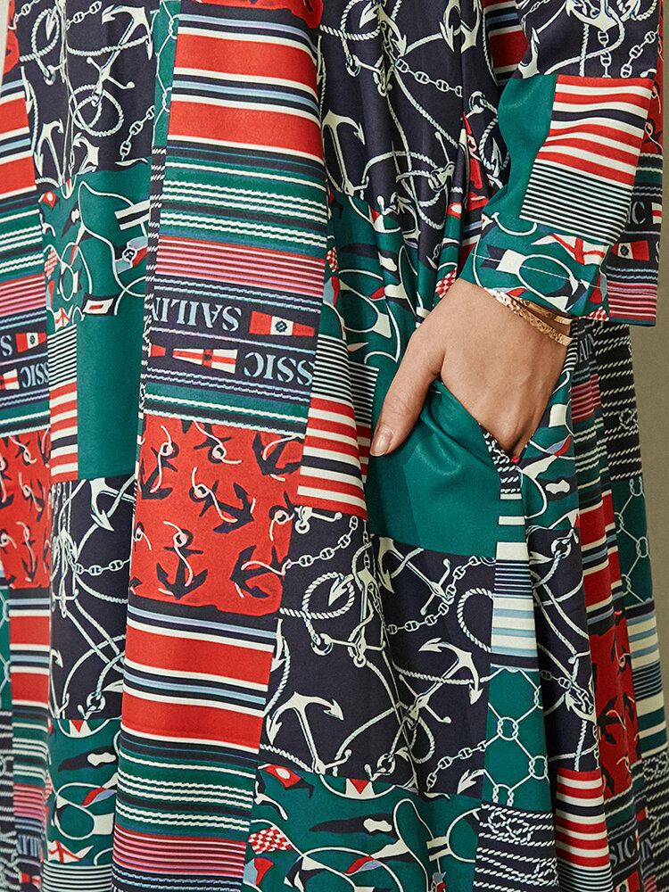 Vintage Maxi-jurk Met Kleurvlakken En Geometrische Print Zijzakken Aan De Zijkant