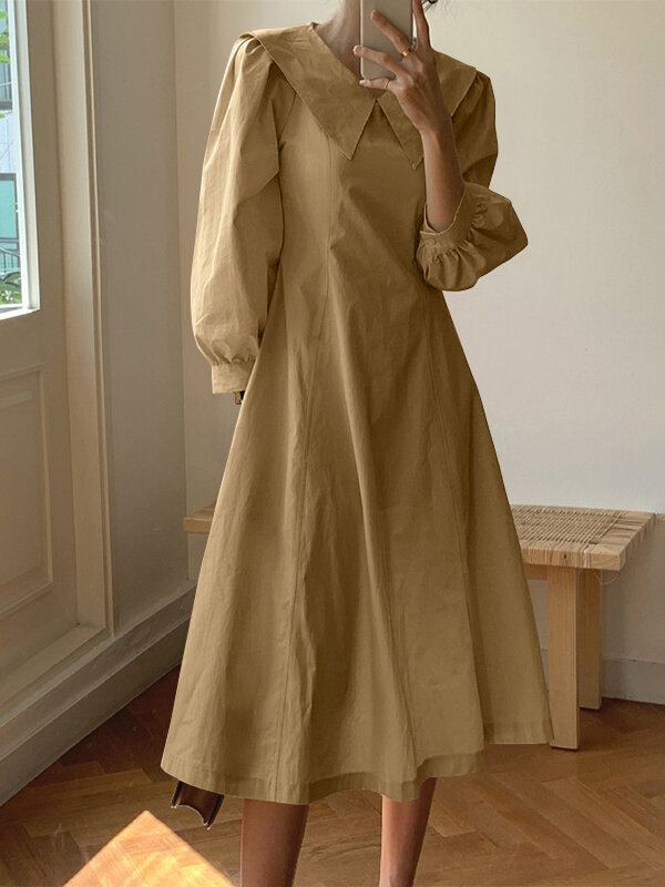 Vrouwen Effen Kleur Revers Bladerdeeg Mouw Casual Maxi Jurken
