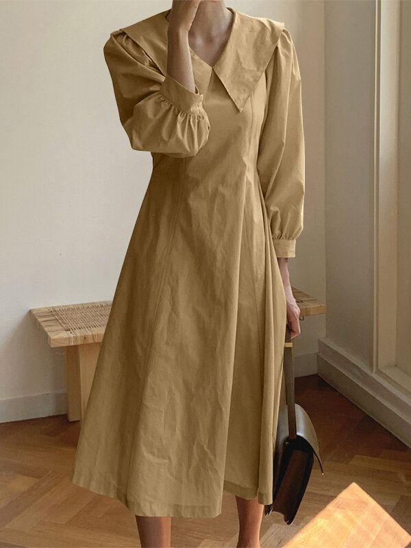 Vrouwen Effen Kleur Revers Bladerdeeg Mouw Casual Maxi Jurken
