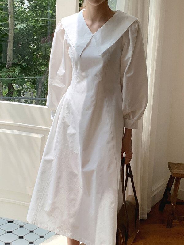 Vrouwen Effen Kleur Revers Bladerdeeg Mouw Casual Maxi Jurken