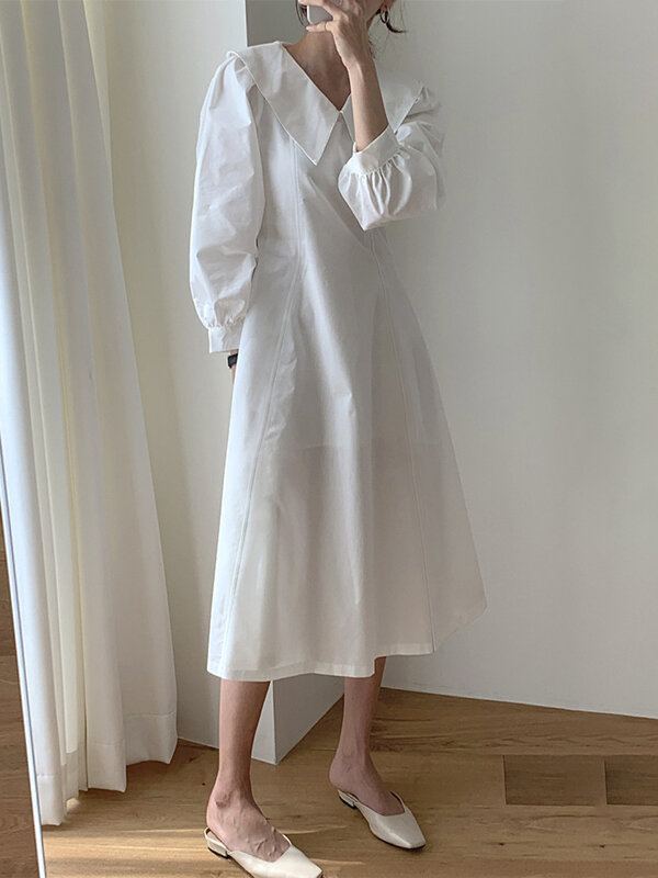 Vrouwen Effen Kleur Revers Bladerdeeg Mouw Casual Maxi Jurken