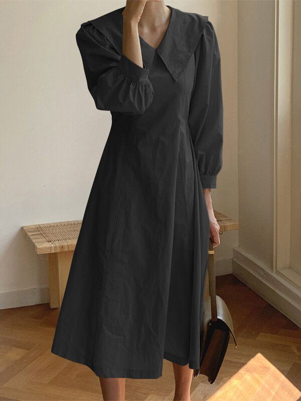 Vrouwen Effen Kleur Revers Bladerdeeg Mouw Casual Maxi Jurken