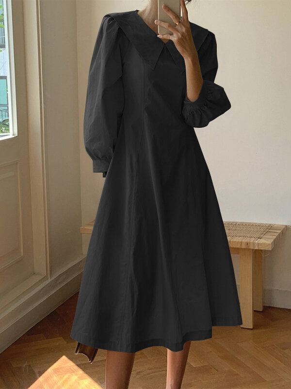 Vrouwen Effen Kleur Revers Bladerdeeg Mouw Casual Maxi Jurken