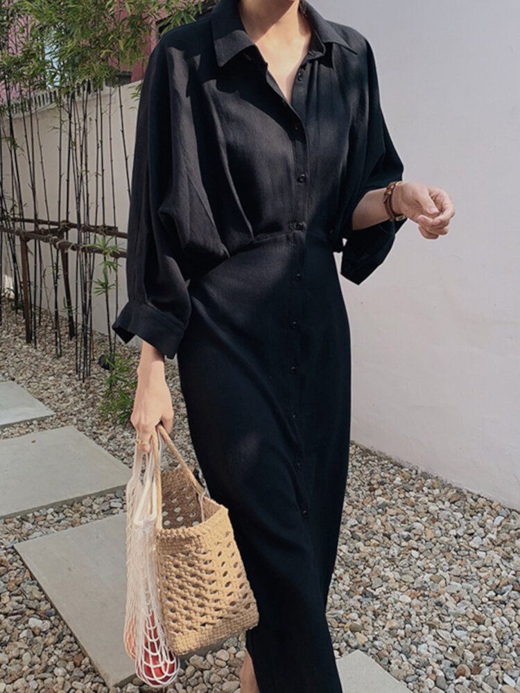 Vrouwen Effen Revers Tie Back Lange Mouwen Casual Shirt Maxi Jurken