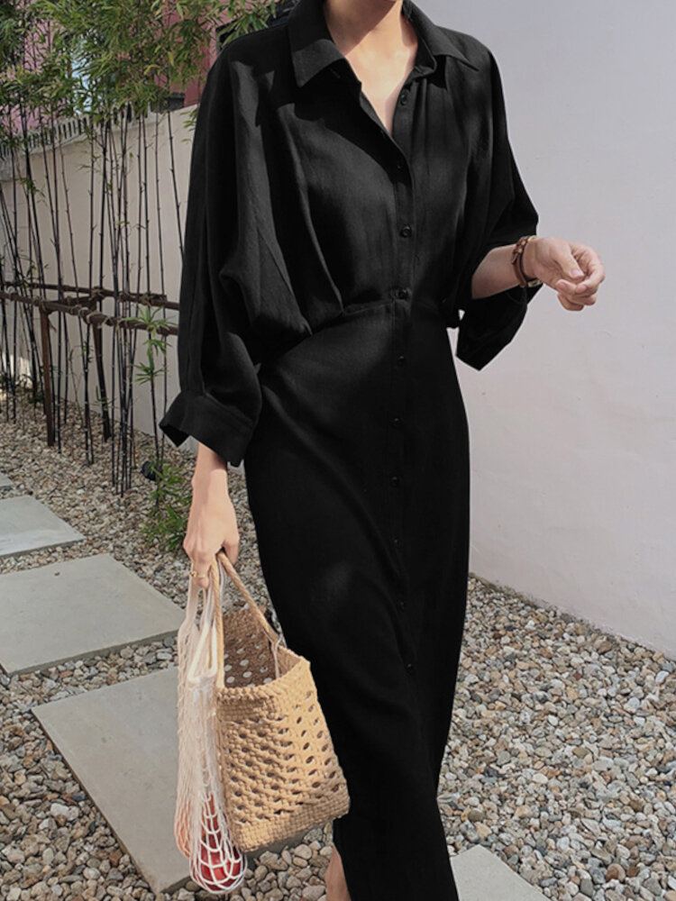 Vrouwen Effen Revers Tie Back Lange Mouwen Casual Shirt Maxi Jurken