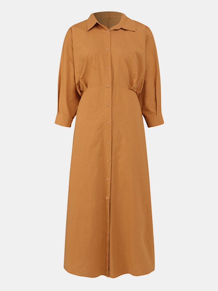 Vrouwen Effen Revers Tie Back Lange Mouwen Casual Shirt Maxi Jurken