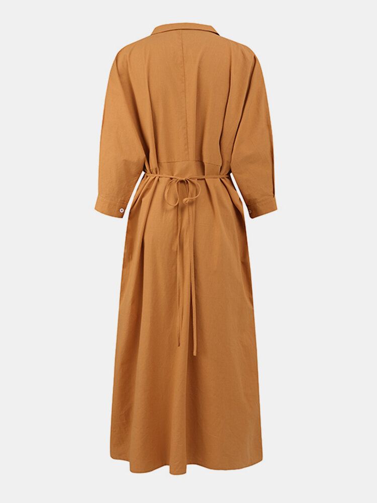 Vrouwen Effen Revers Tie Back Lange Mouwen Casual Shirt Maxi Jurken