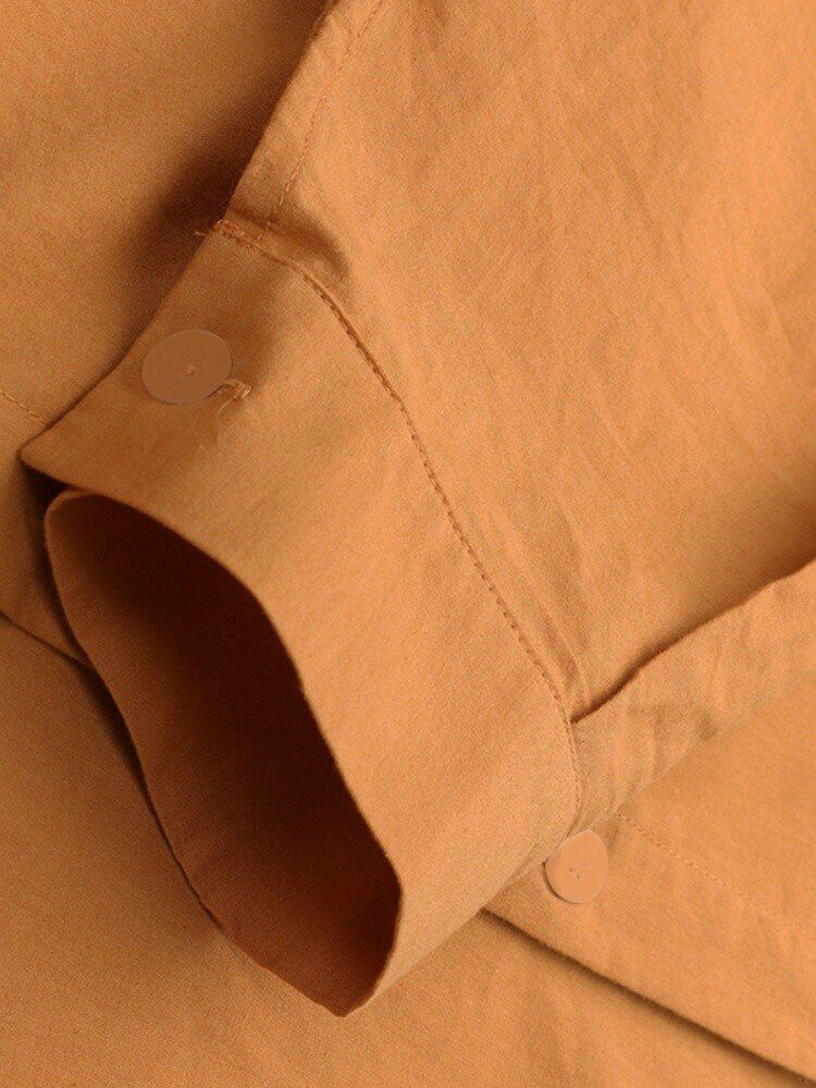 Vrouwen Effen Revers Tie Back Lange Mouwen Casual Shirt Maxi Jurken
