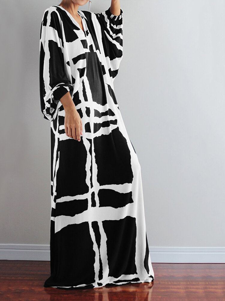 Vrouwen Onregelmatige Plaid Printing V-hals Lange Mouwen Casual Losse Maxi Jurk