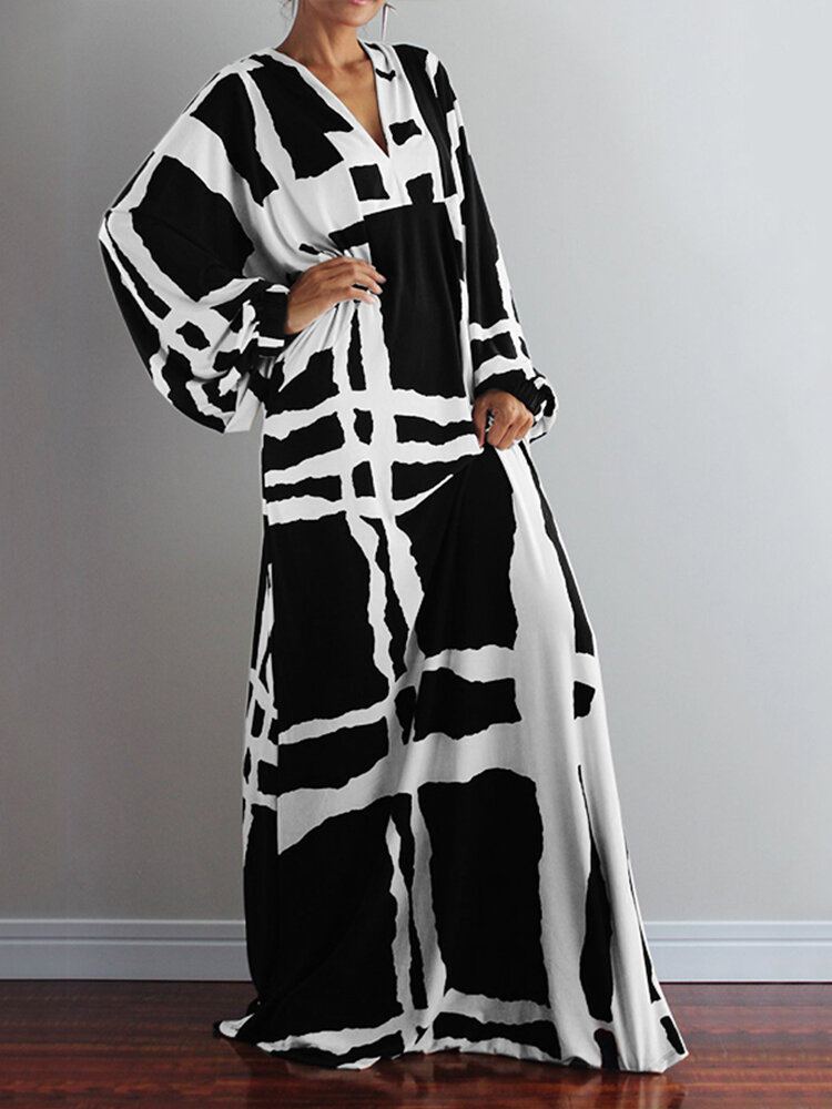 Vrouwen Onregelmatige Plaid Printing V-hals Lange Mouwen Casual Losse Maxi Jurk