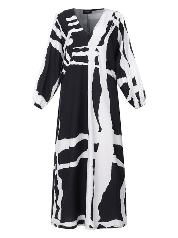Vrouwen Onregelmatige Plaid Printing V-hals Lange Mouwen Casual Losse Maxi Jurk