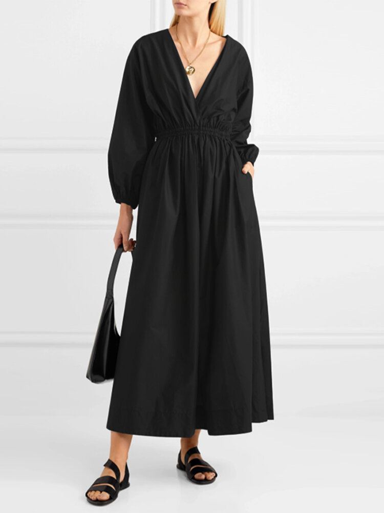 Vrouwen V-hals Geplooide Elastische Taille Bladerdeeg Mouw Elegante Maxi Jurken