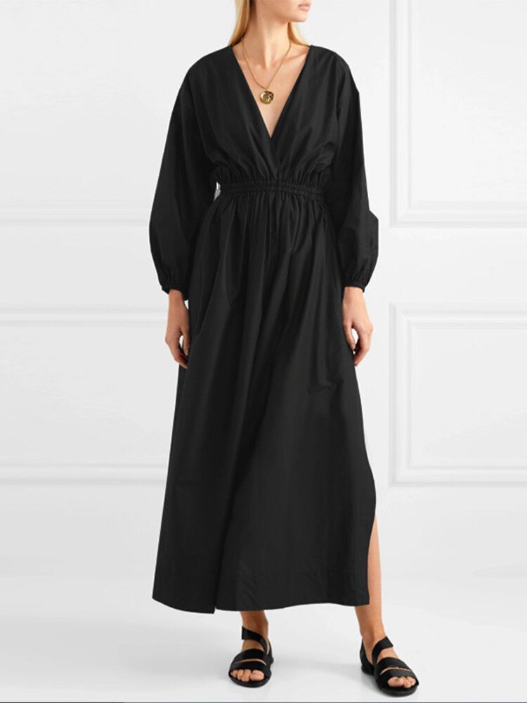 Vrouwen V-hals Geplooide Elastische Taille Bladerdeeg Mouw Elegante Maxi Jurken