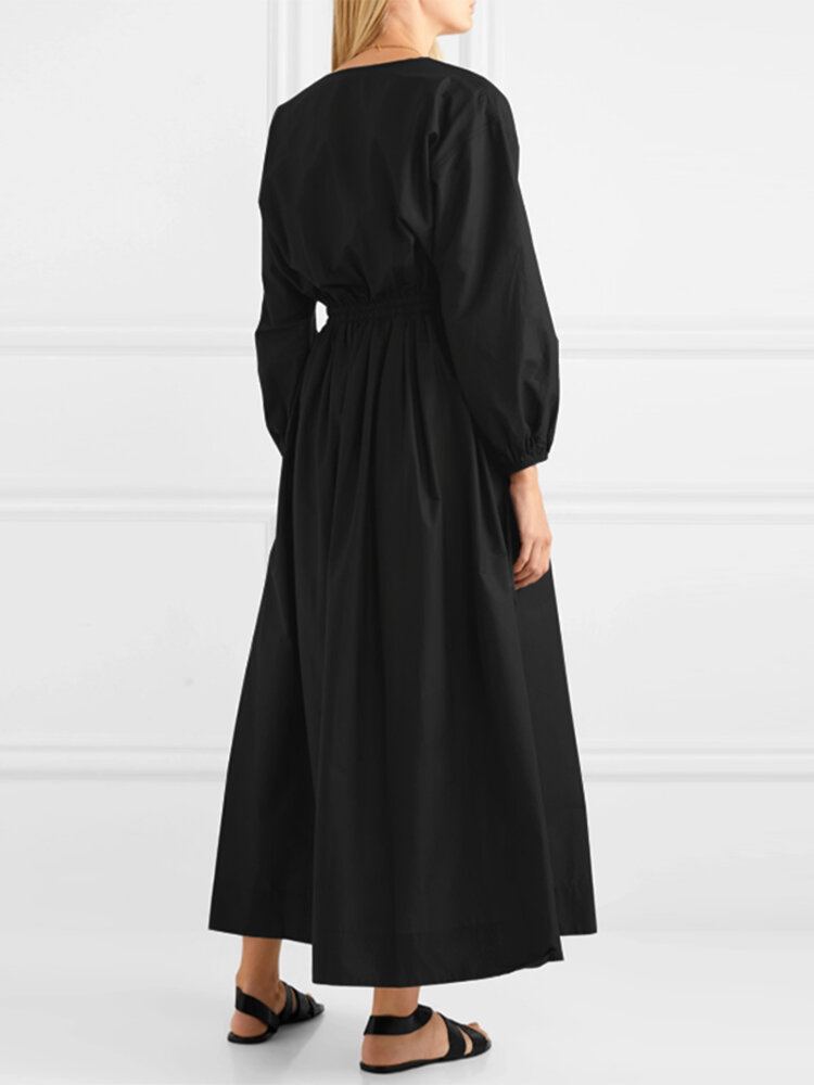 Vrouwen V-hals Geplooide Elastische Taille Bladerdeeg Mouw Elegante Maxi Jurken