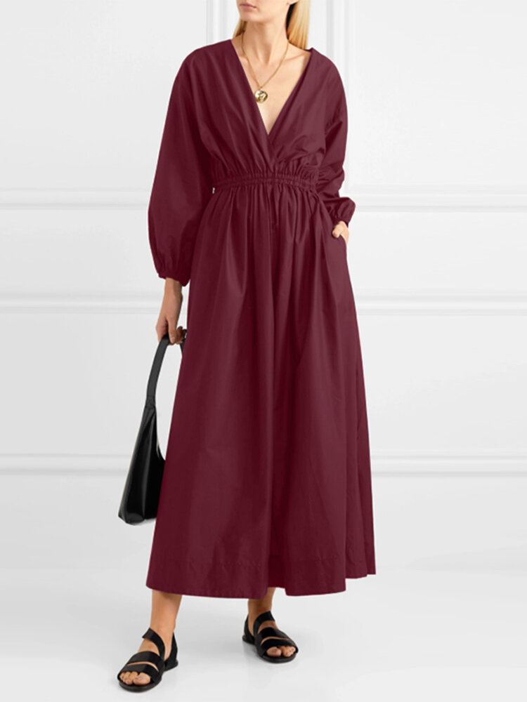 Vrouwen V-hals Geplooide Elastische Taille Bladerdeeg Mouw Elegante Maxi Jurken