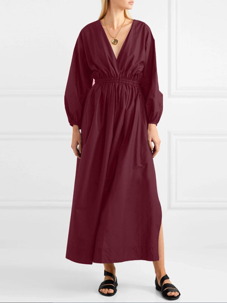 Vrouwen V-hals Geplooide Elastische Taille Bladerdeeg Mouw Elegante Maxi Jurken