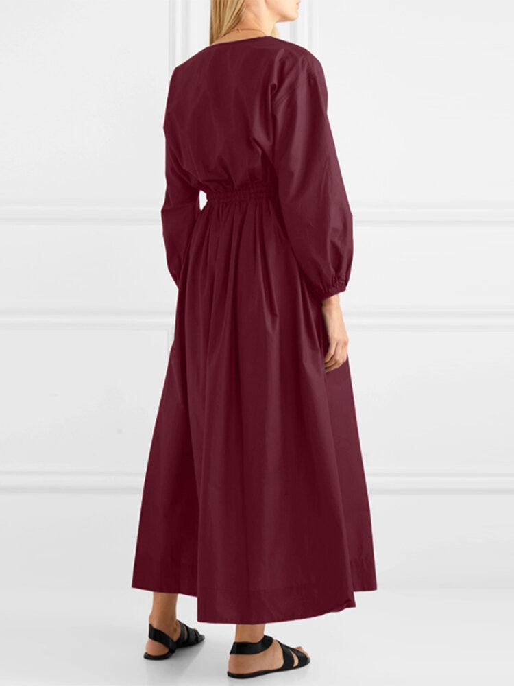 Vrouwen V-hals Geplooide Elastische Taille Bladerdeeg Mouw Elegante Maxi Jurken