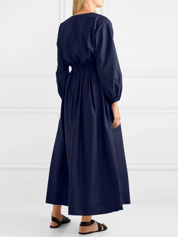 Vrouwen V-hals Geplooide Elastische Taille Bladerdeeg Mouw Elegante Maxi Jurken