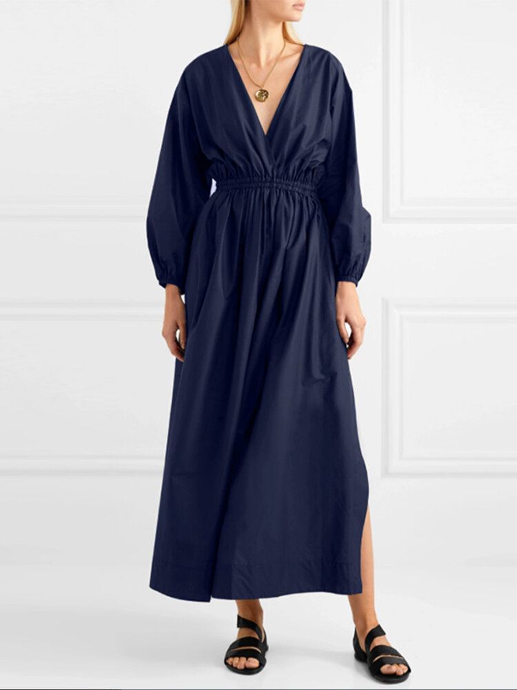 Vrouwen V-hals Geplooide Elastische Taille Bladerdeeg Mouw Elegante Maxi Jurken