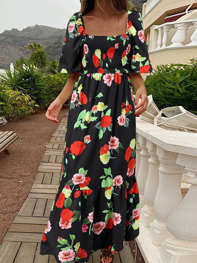 Vrouwen Vakantie Vierkante Hals Pofmouwen Slim Fit Fishtail Swing Bloemenprint Maxi Jurk