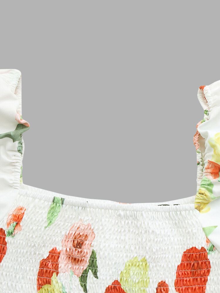 Vrouwen Vakantie Vierkante Hals Pofmouwen Slim Fit Fishtail Swing Bloemenprint Maxi Jurk