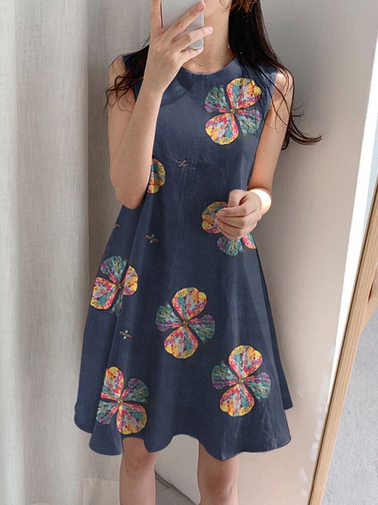 Bloemenprint Katoen Ronde Hals Mouwloos Casual Midi-jurk