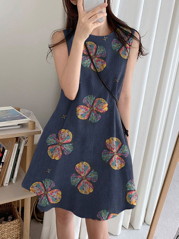 Bloemenprint Katoen Ronde Hals Mouwloos Casual Midi-jurk