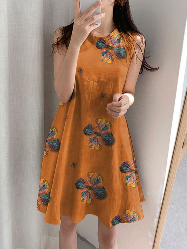 Bloemenprint Katoen Ronde Hals Mouwloos Casual Midi-jurk