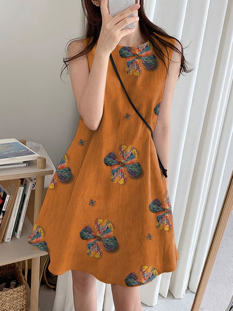 Bloemenprint Katoen Ronde Hals Mouwloos Casual Midi-jurk