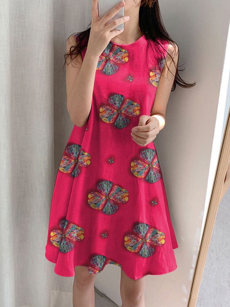 Bloemenprint Katoen Ronde Hals Mouwloos Casual Midi-jurk