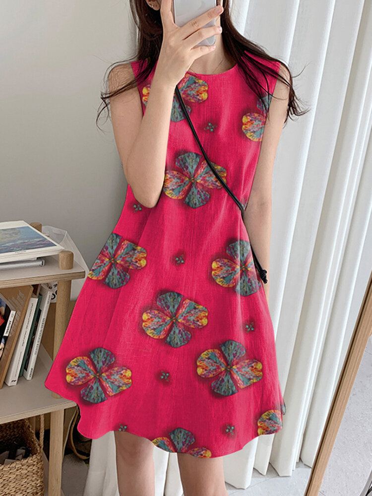 Bloemenprint Katoen Ronde Hals Mouwloos Casual Midi-jurk