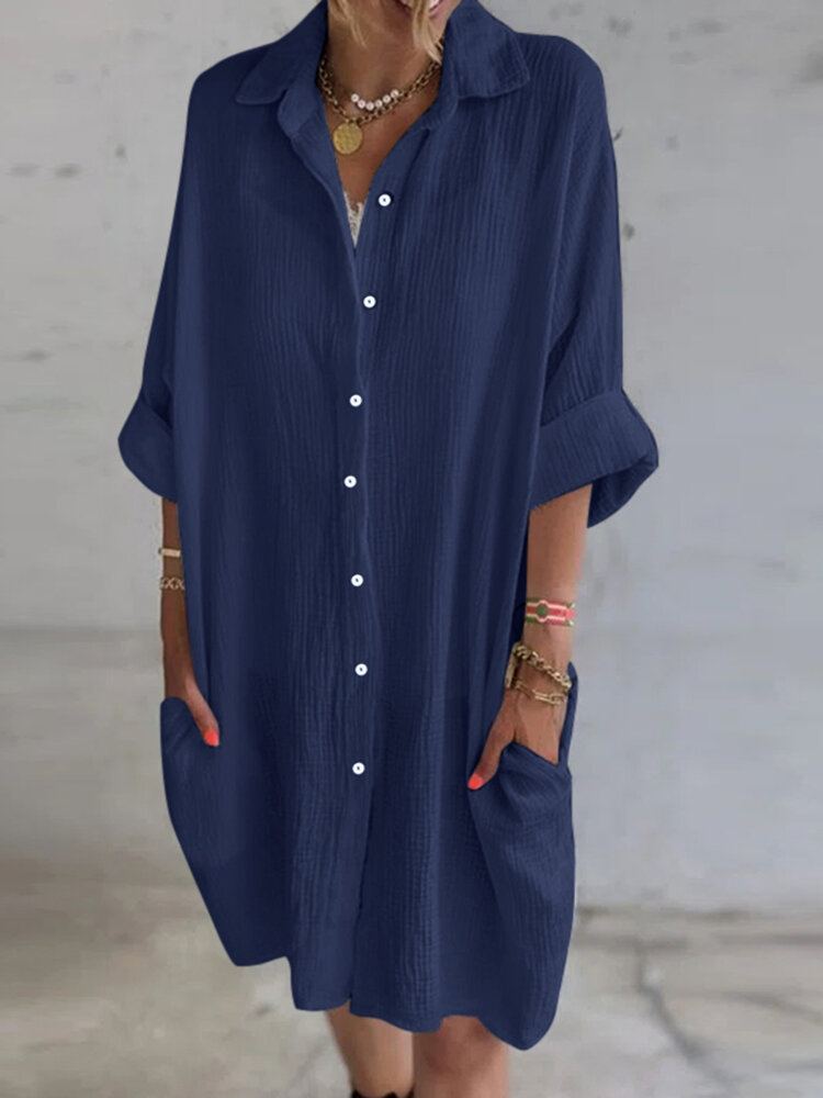 Dames 100% Katoenen Zijzakken Shirt Effen Knopen Revers Midi-jurken